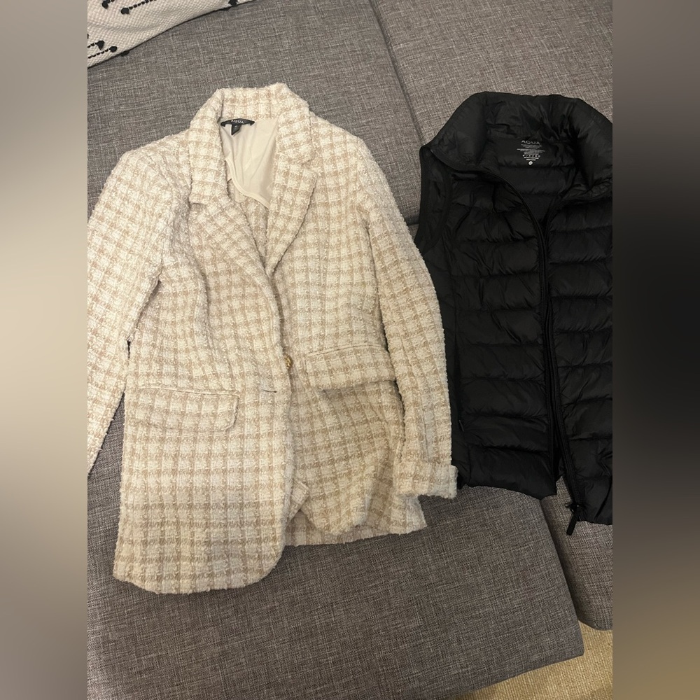 Aqua Cream Tweed Blazer and Black Light Puffer Vest